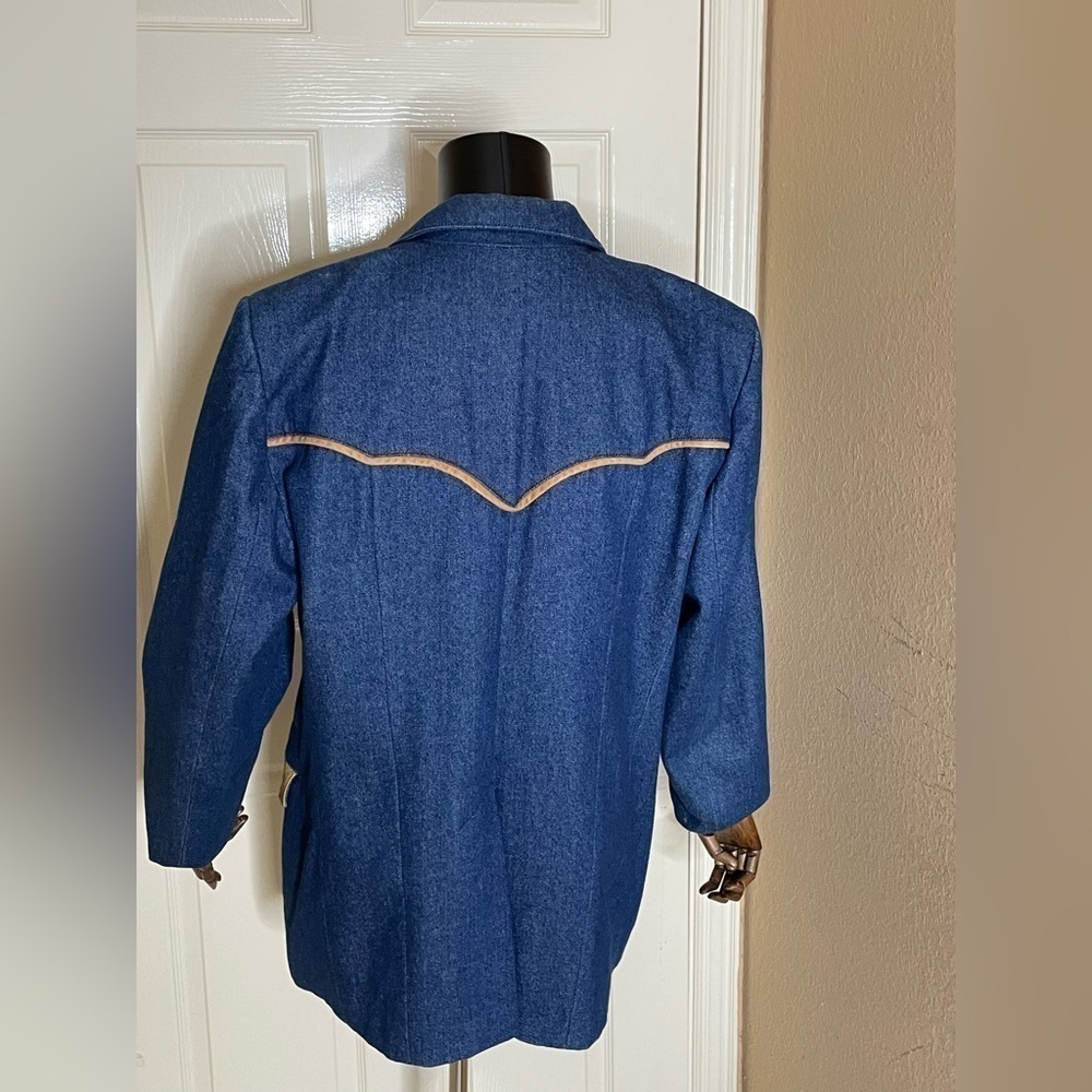 Men's Navy Blue Wool Blend Blazer with Tan Suede Accents - Picture 2 of 12